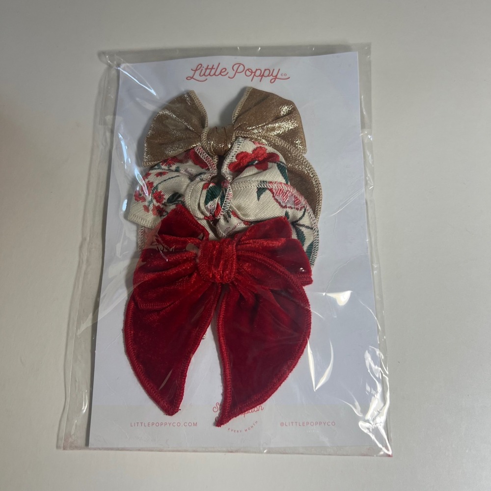 Girls Little Poppy Co 3 Christmas Bow Clips Gold Red Floral appx 3" NIP